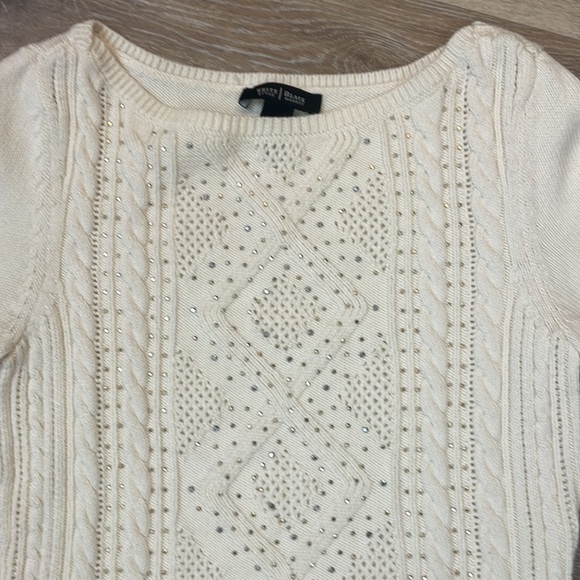 WHBM Rhinestone Embellished Wool Blend Cream Cable Knit Sweater Size Small - Picture 3 of 14